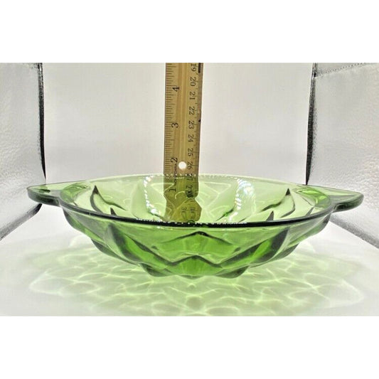 Green Perspective Two Handle Nappy, Geometric Green Glass Bowl Vintage