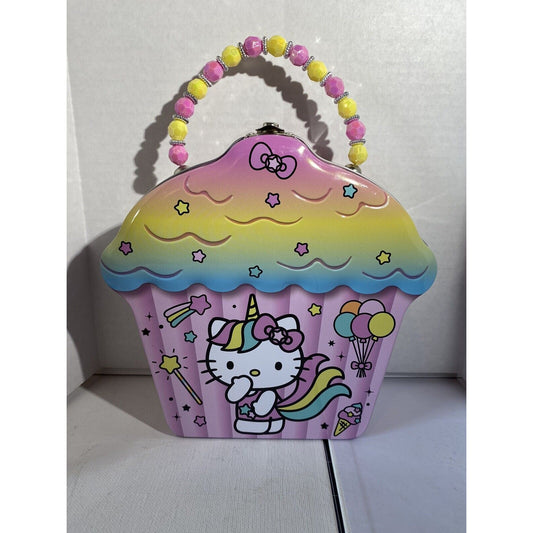 NEW Hello Kitty Unicorn Multicolor Metal Tin Cupcake Shaped Purse / Lunch Box