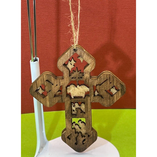 Wooden Nativity Christmas Hanging Cross Ornament AC1593