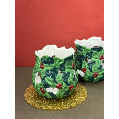 Christmas Poinsettia & Holly Berries Tealight (not incl) Candle Holder Set 2pcs