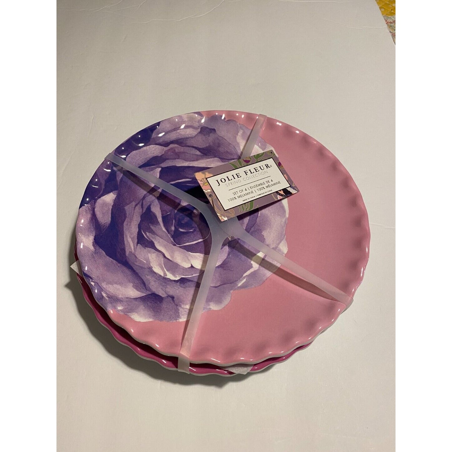 Set of 4 Jolie Fleur Roses 9” Plates Melamine Pink Purple Shabby Chic