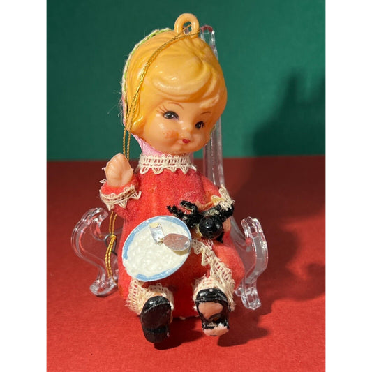 Vintage LITTLE MISS MUFFET Flocked Pixie Face Christmas Ornament Nursery Rhyme