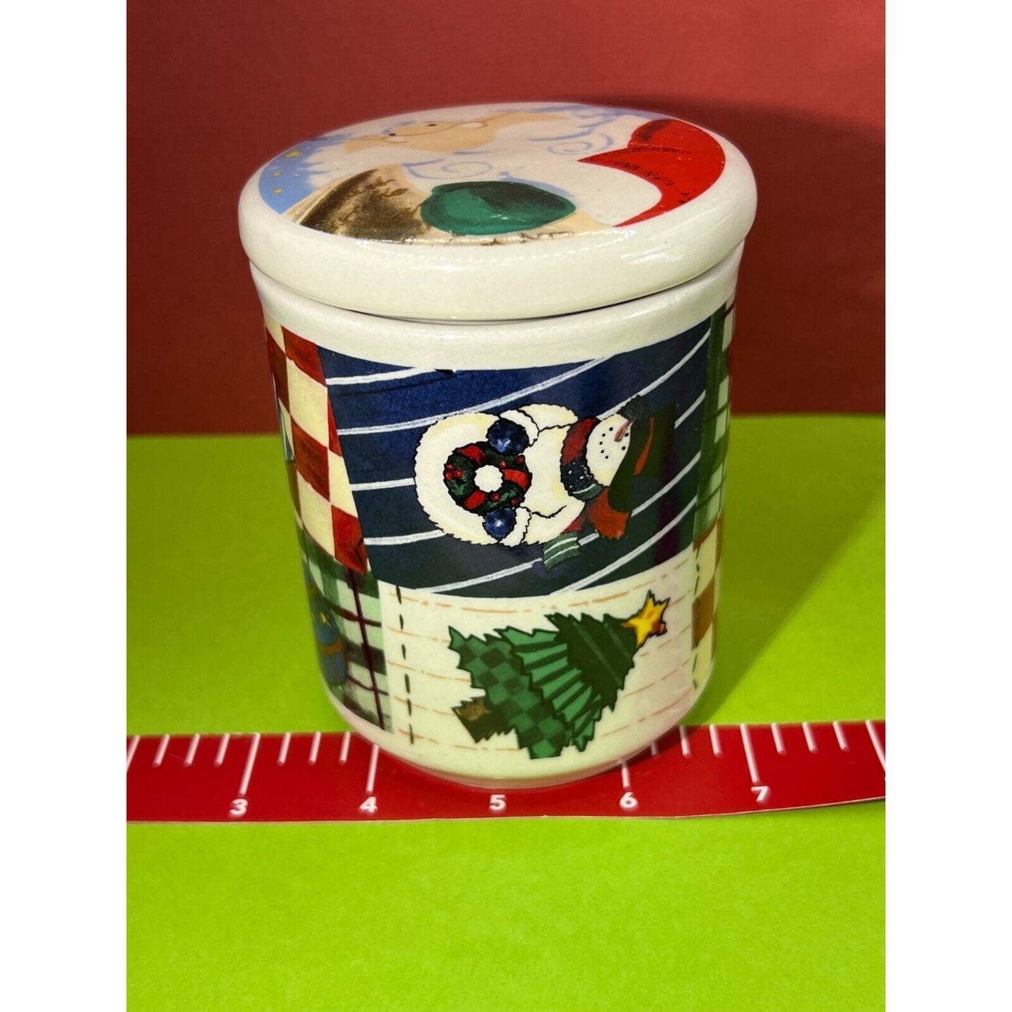 VTG Merry Brite Santa Snowman Christmas Porcelain Lidded Canister Jar