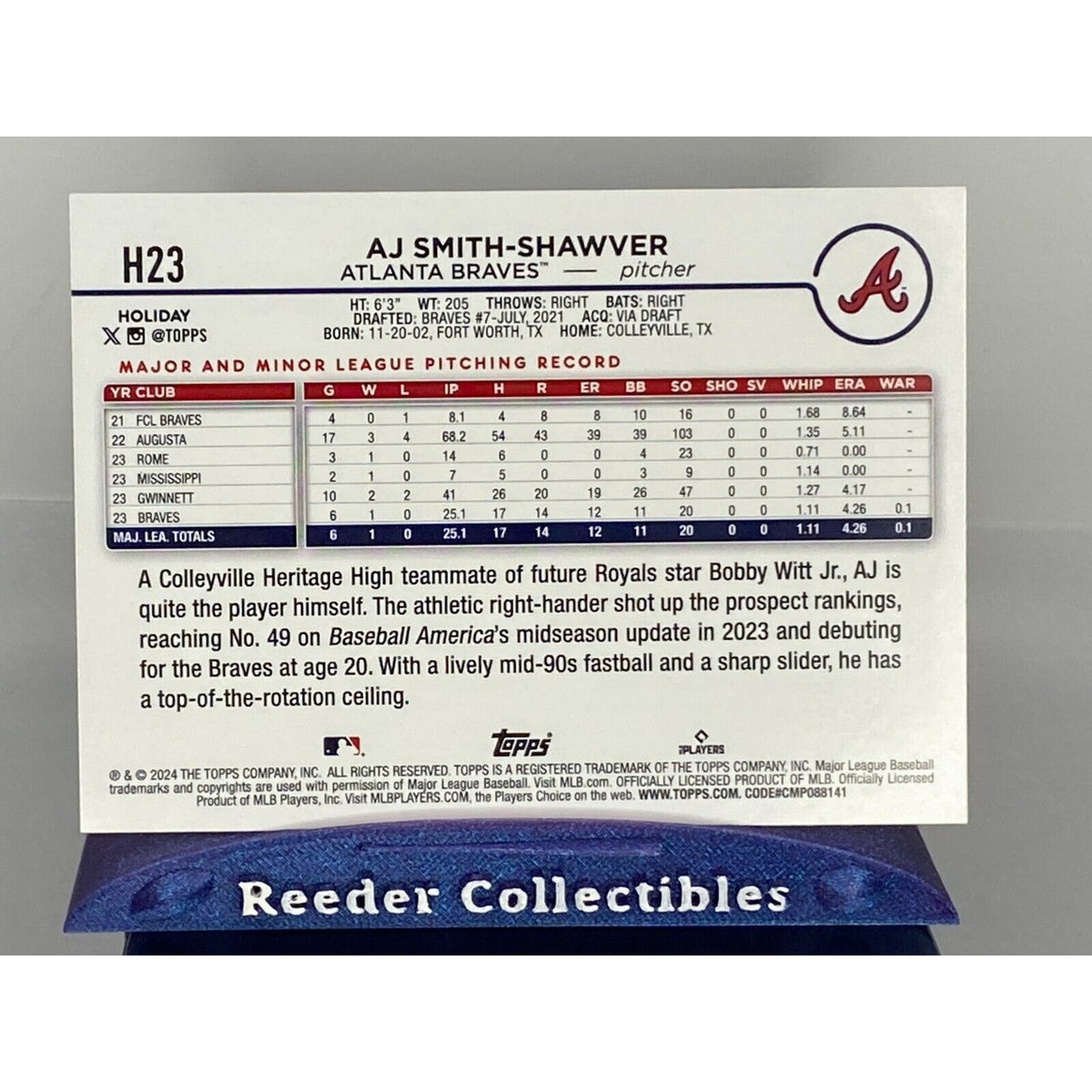 2024 Topps Holiday AJ Smith-Shawver Atlanta Braves Silver Glitter Parallel SP RC