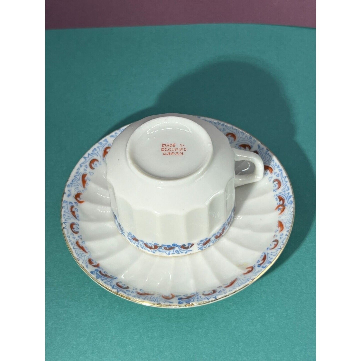 Demitasse Cup & Saucer White Red Blue Fine Porcelain Hand Painted Occupied Japan