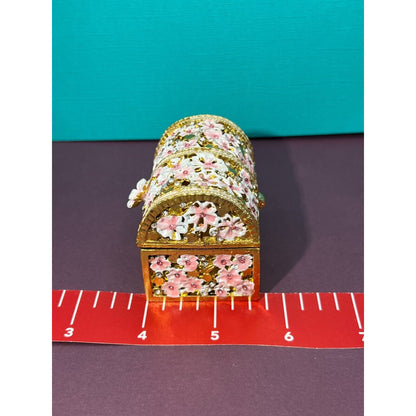 Miniature Trinket Box / Treasure Chest Gold w/ Pink Flowers