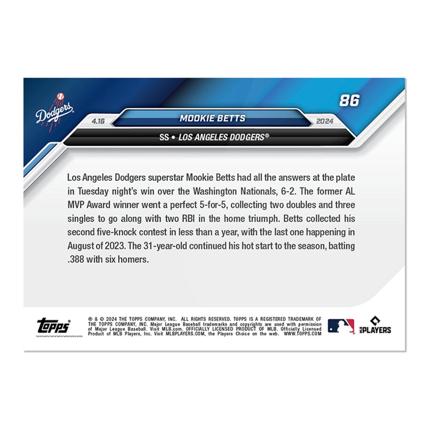 Mookie Betts Los Angeles Dodgers - 2024 MLB TOPPS NOW® Card 86 - PR: 1082