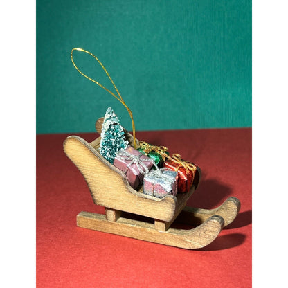 Christmas Ornament Wooden Sleigh w/ Flocked tree and gifts 3 inch x 2 inch