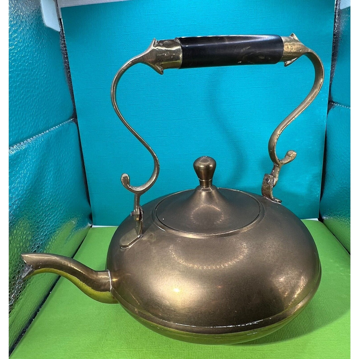 Brass Overlaid Tea Kettle Wood Turned ORNATE Handle 24 oz capacity