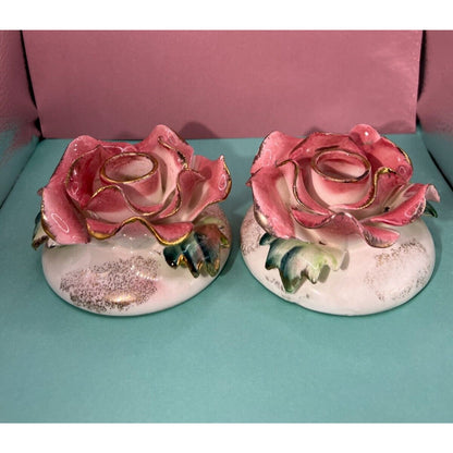 Set of 2 Commodore Japan Rose Candle Holder Pink w/ Gold (Minor Chips)