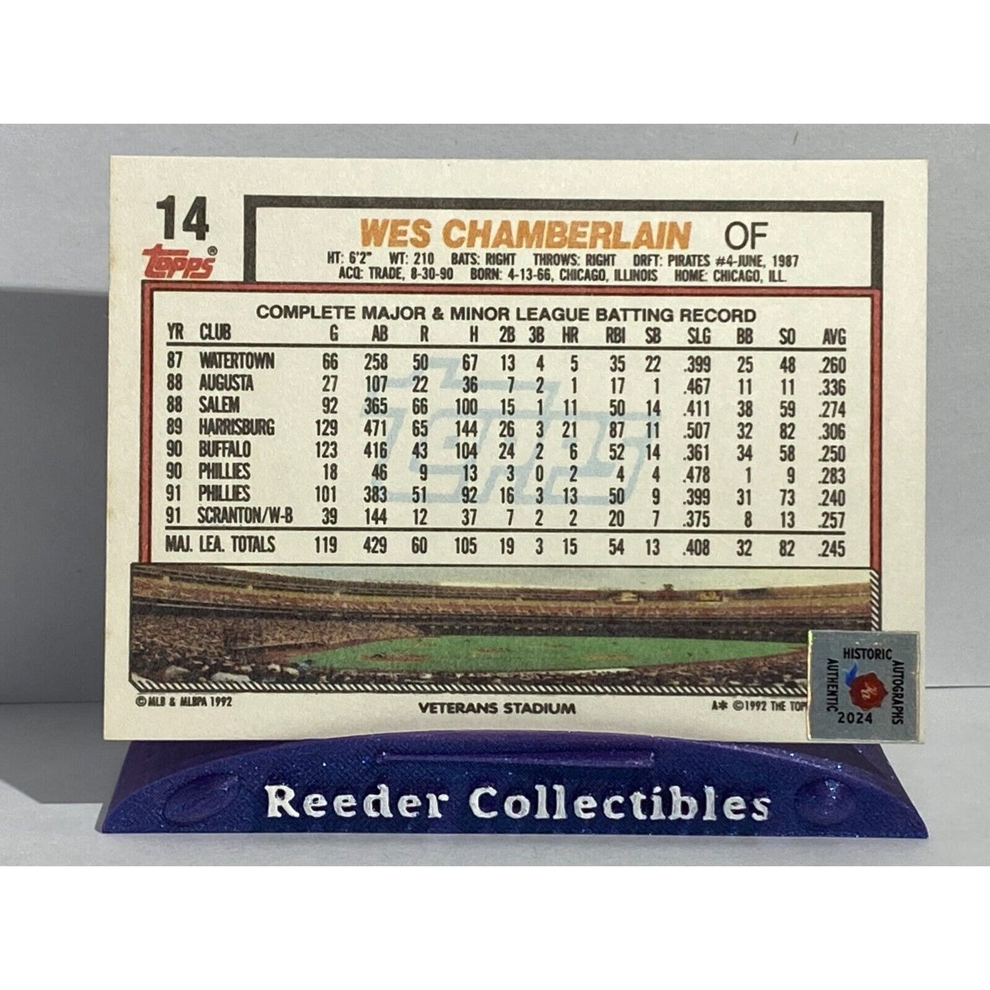 1992 Topps #14 Wes Chamberlain Philadelphia Phillies In Person Autograph