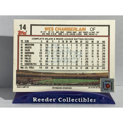 1992 Topps #14 Wes Chamberlain Philadelphia Phillies In Person Autograph