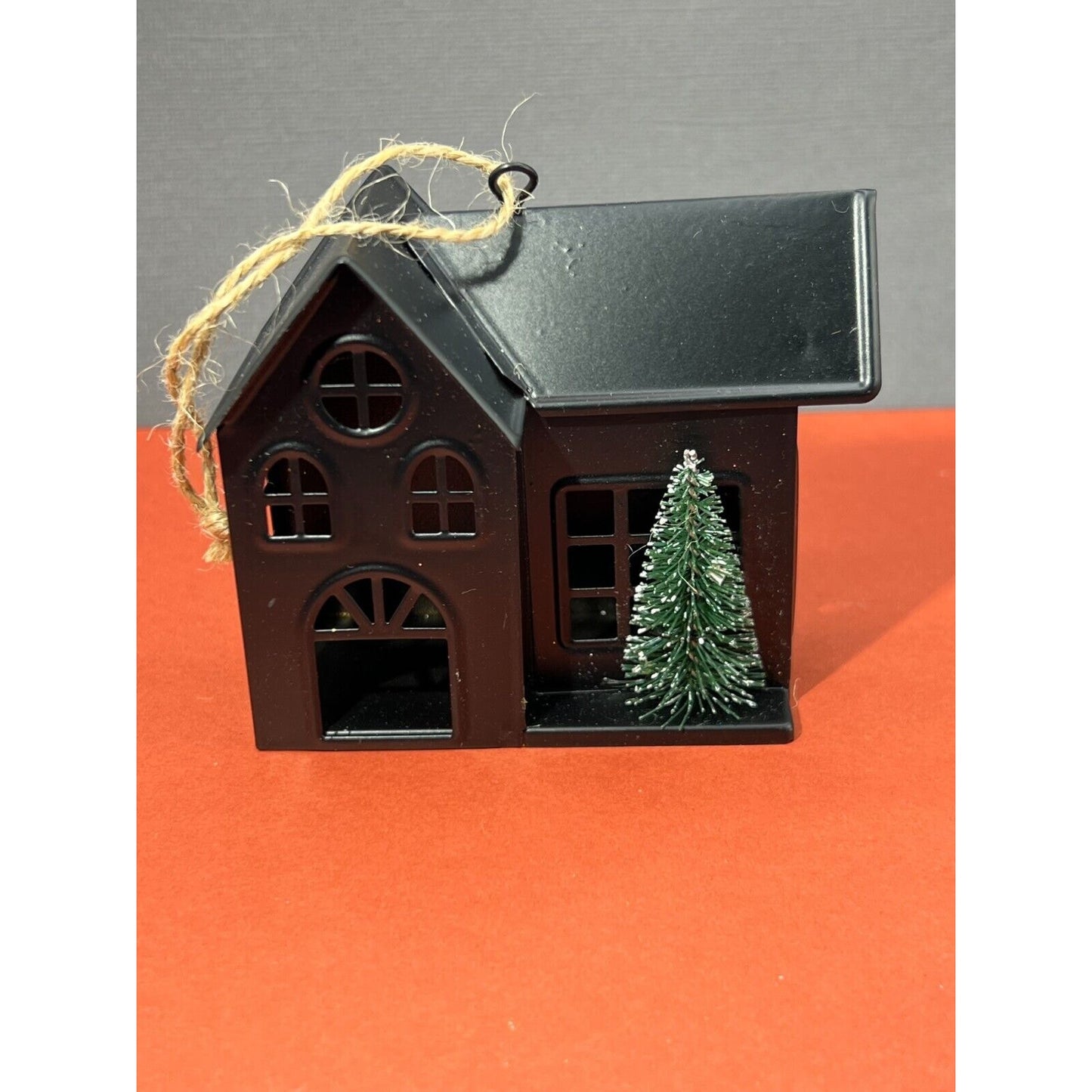 Metal House w/ Bottle Brush Tree Christmas Ornament Twine Hanger Cabin