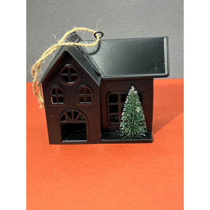 Metal House w/ Bottle Brush Tree Christmas Ornament Twine Hanger Cabin
