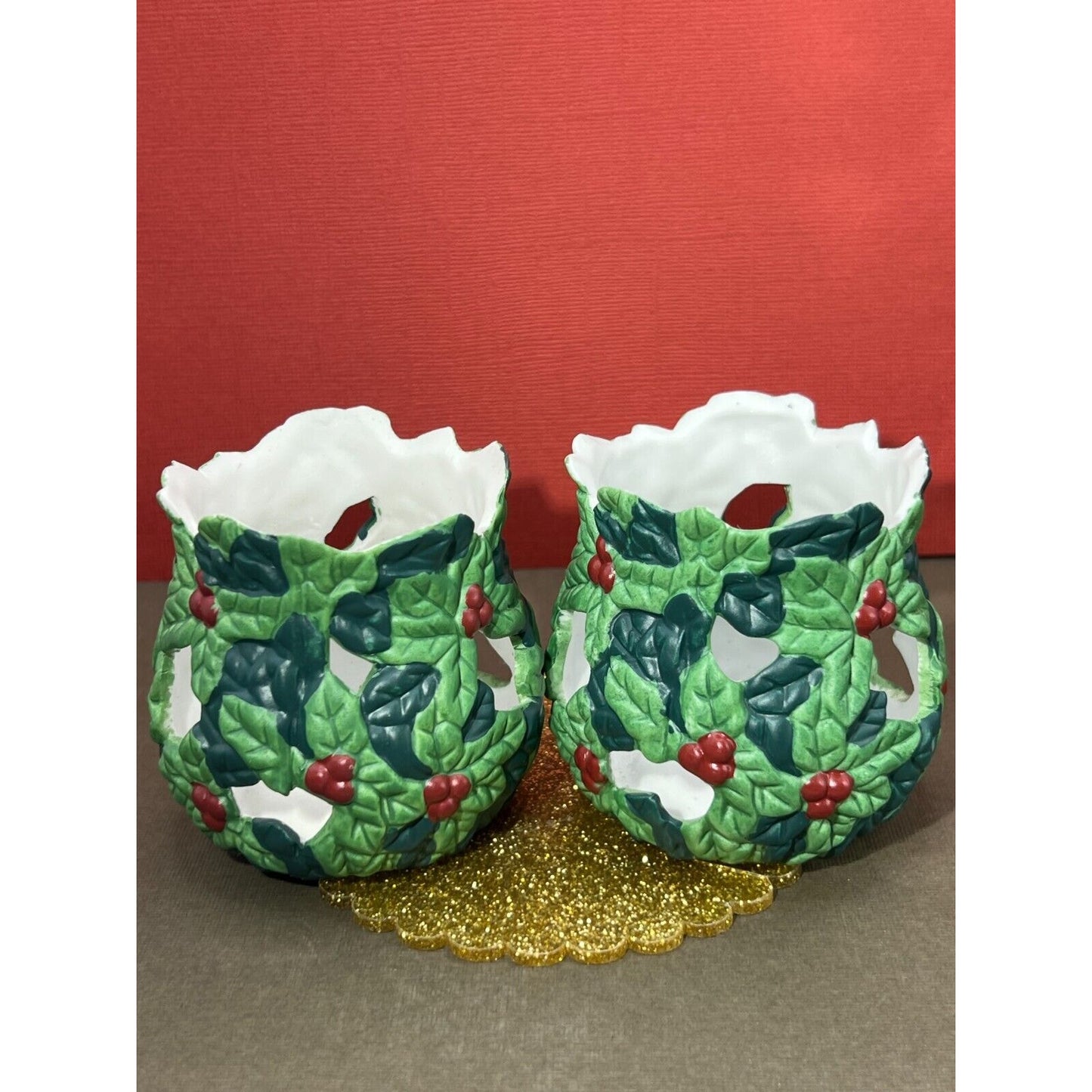 Christmas Poinsettia & Holly Berries Tealight (not incl) Candle Holder Set 2pcs