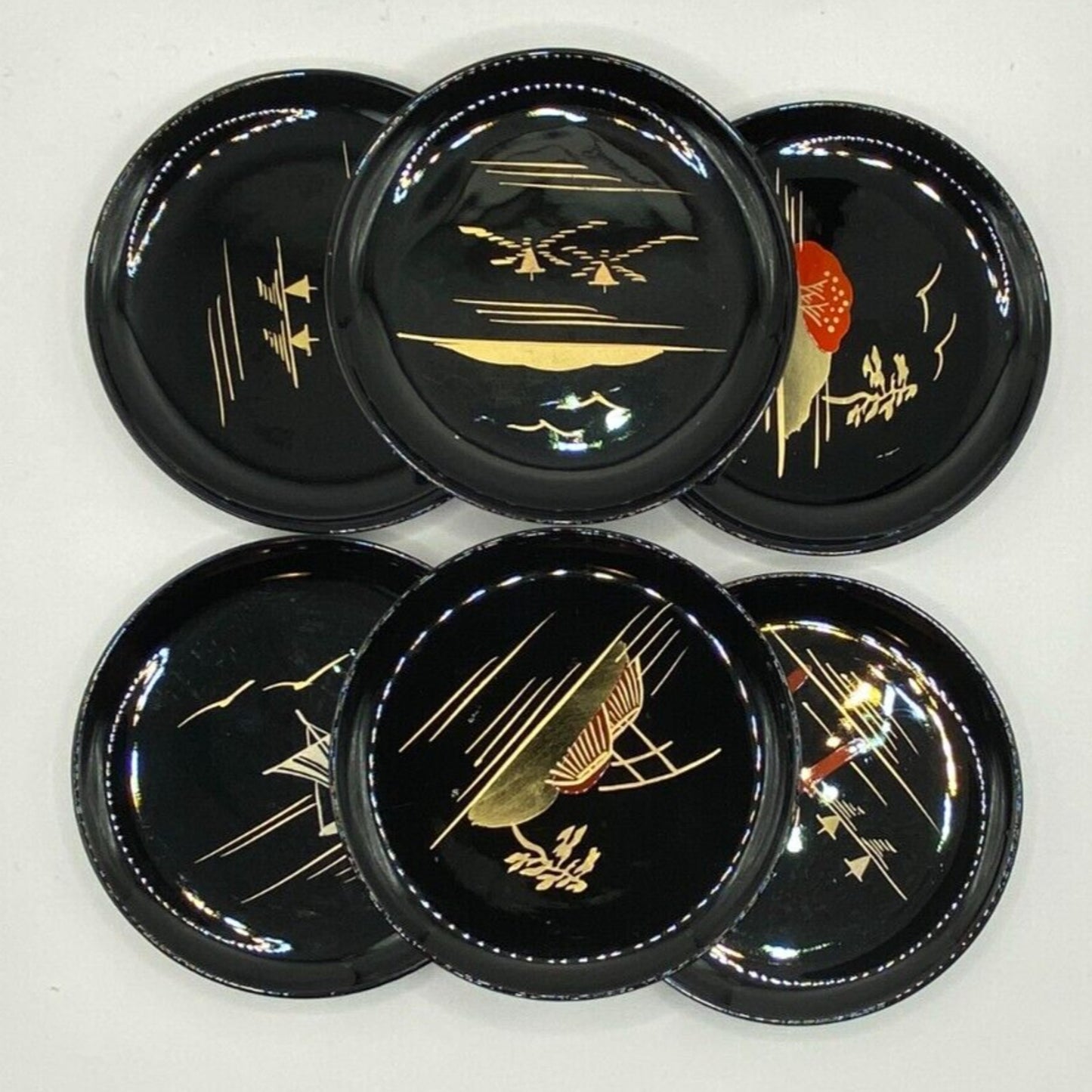 Aizu Lacquerware Coasters Set of 6 with Storage Box Vintage