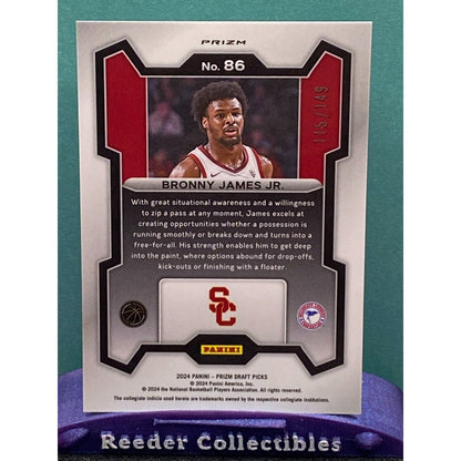 Bronny James Jr. 2024 Prizm Draft Picks #86: Blue Seismic Prizm RC #/149 USC