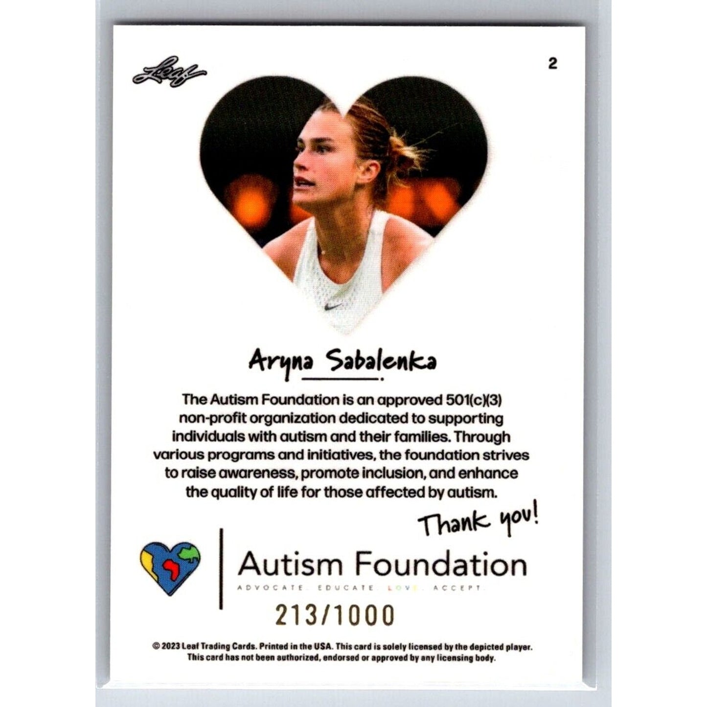 2023 Leaf Autism Foundation #2 Aryna Sabalenka Tennis