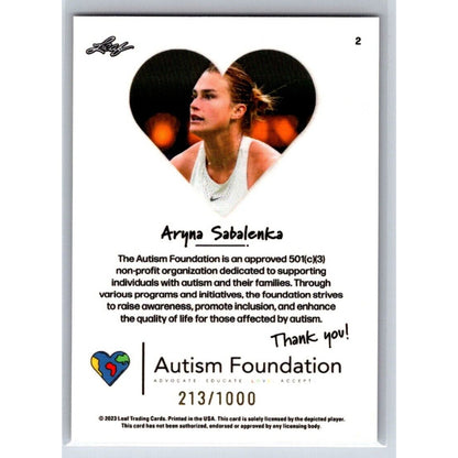 2023 Leaf Autism Foundation #2 Aryna Sabalenka Tennis