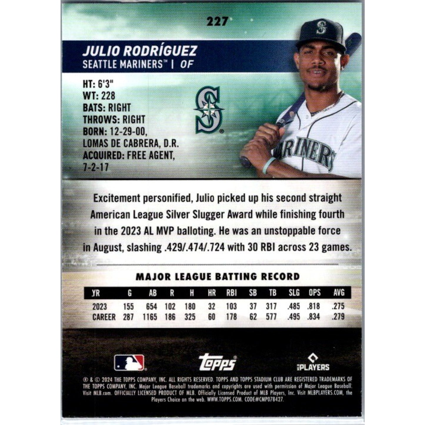 Julio Rodríguez 2024 Stadium Club #227 Seattle Mariners