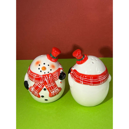 Snowman Salt and Pepper Shakers Red Scarves And Top Hats Round Ceramic