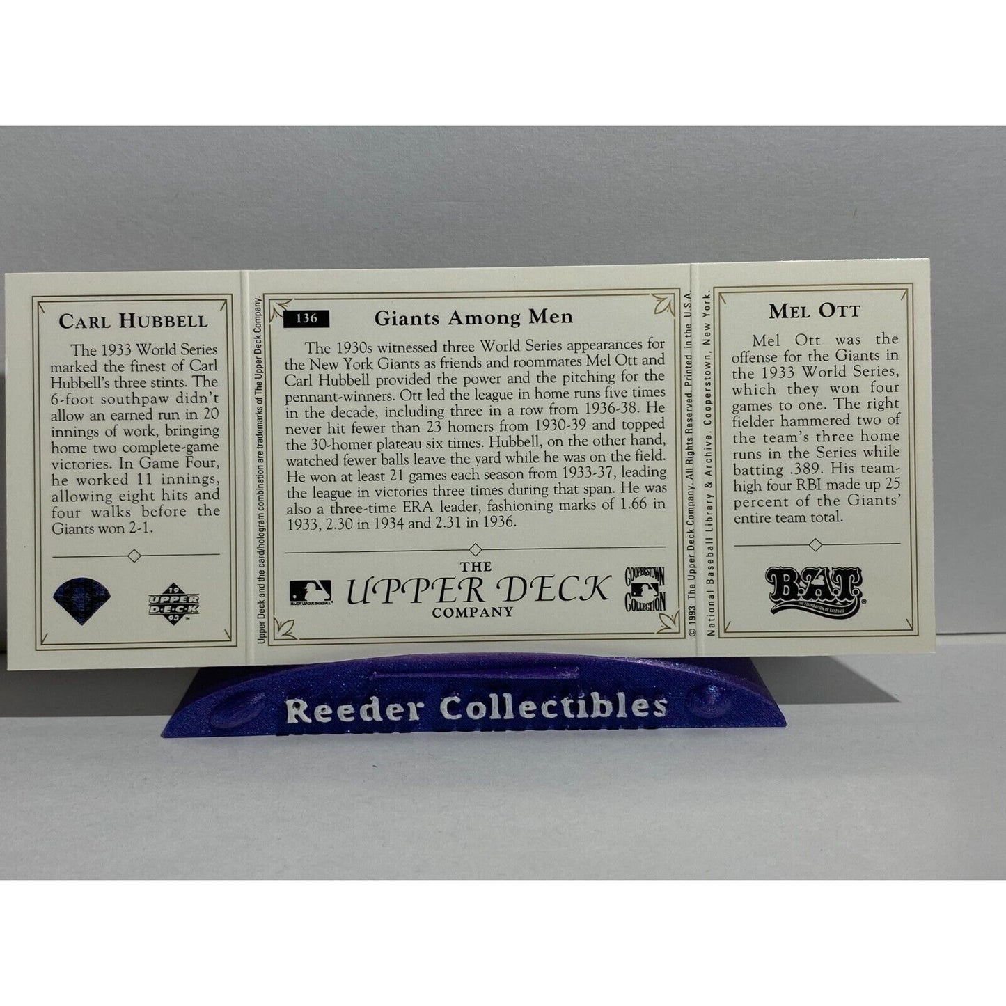 Mel Ott Carl Hubbell 1993 Upper Deck Tri Fold BAT New York Giants