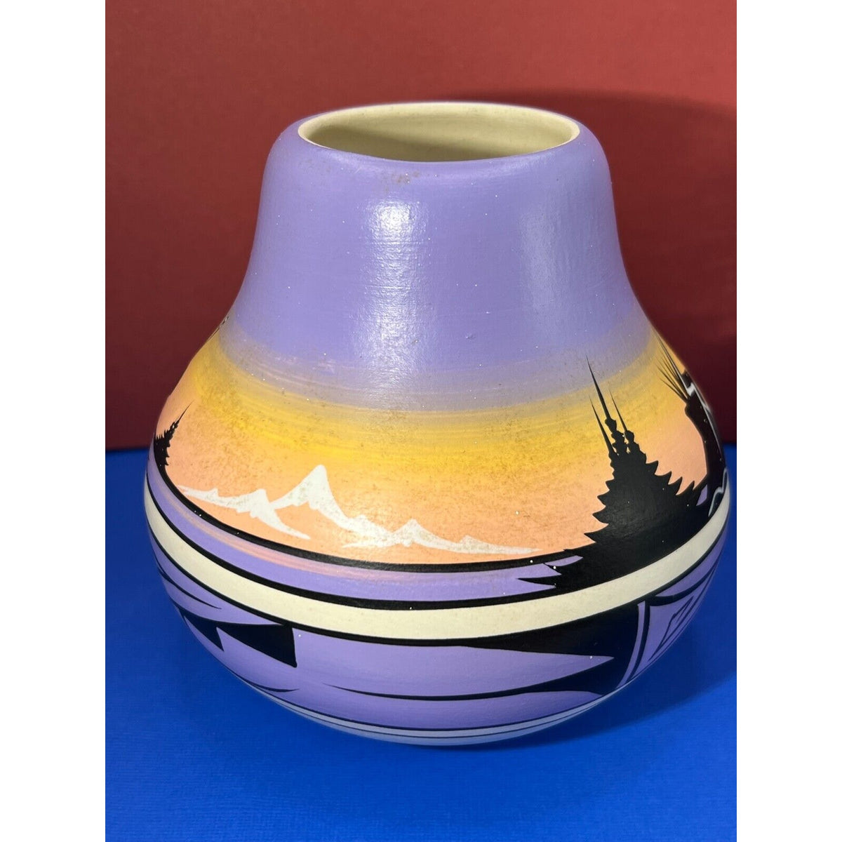 Southwest Sunset Navajo Vintage Pottery Purple Orange Signed by Artist Judy J.