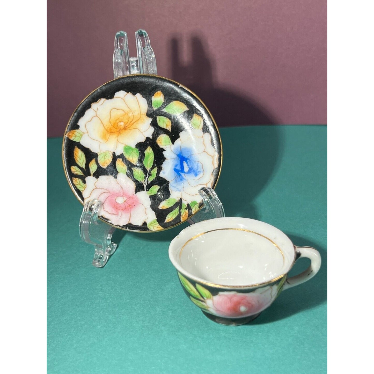 MINIATURE Tea Cup W/Saucer Made in Occupied Japan Handpainted Black / Floral