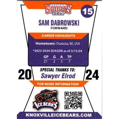 2024 Knoxville Ice Bears #15 Sam Dabrowski Forward Auto