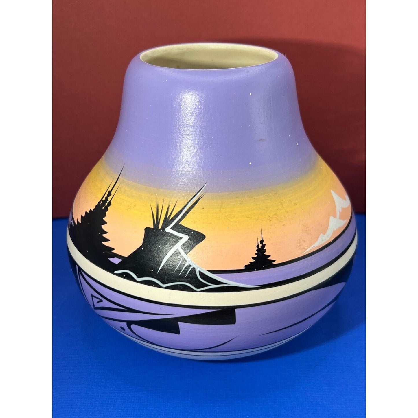 Southwest Sunset Navajo Vintage Pottery Purple Orange Signed by Artist Judy J.