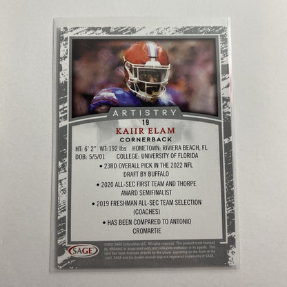 Kaiir Elam 2022 Sage Artistry 19 Silver Florida Gators Buffalo Bills