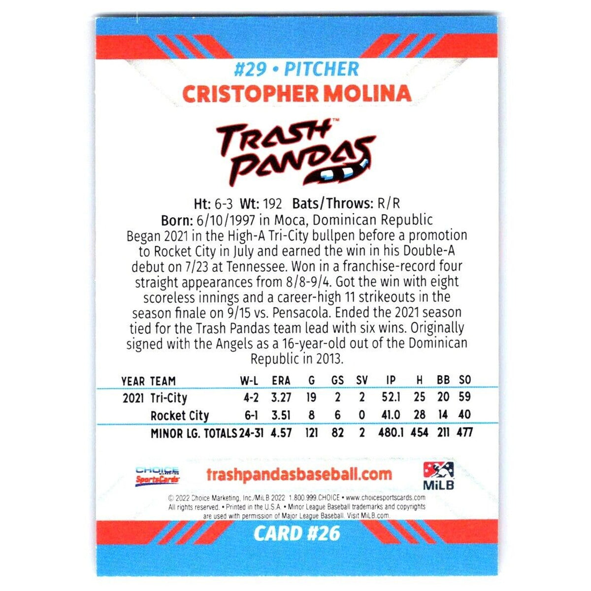 2022 Choice Rocket City Trash Pandas #26 Cristopher Molina