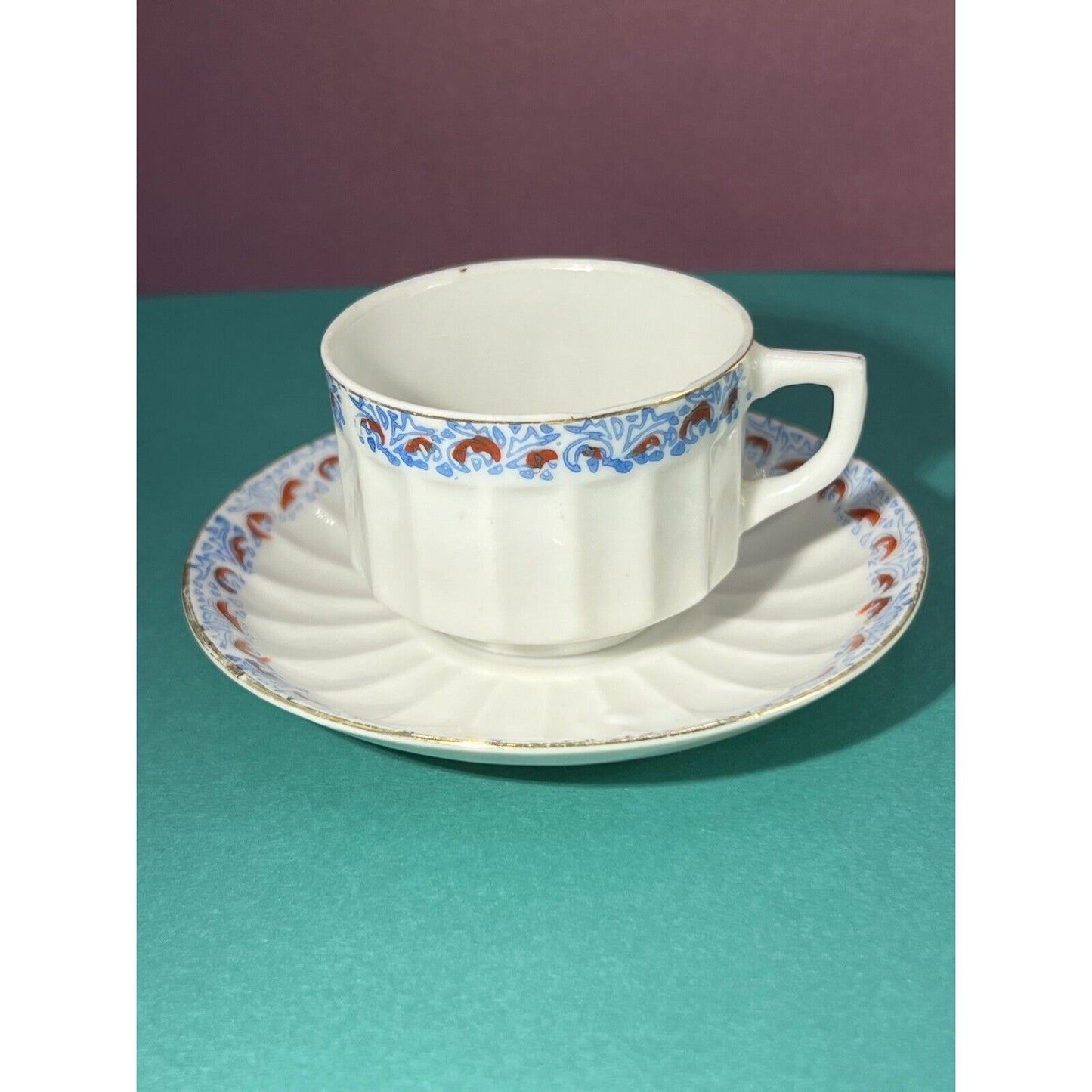 Demitasse Cup & Saucer White Red Blue Fine Porcelain Hand Painted Occupied Japan