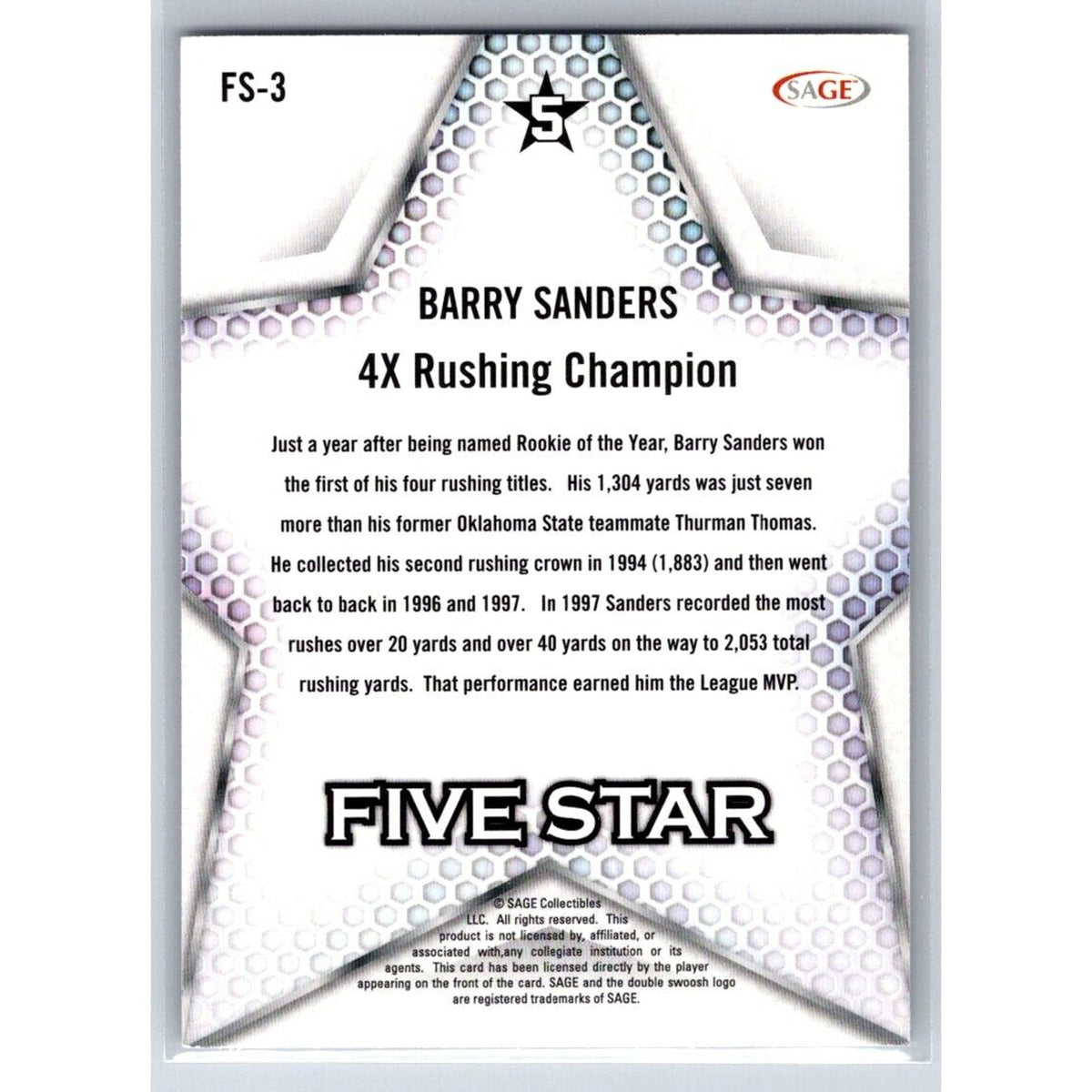 2024 Sage Low Series Football #FS-3 Barry Sanders Five Star Silver