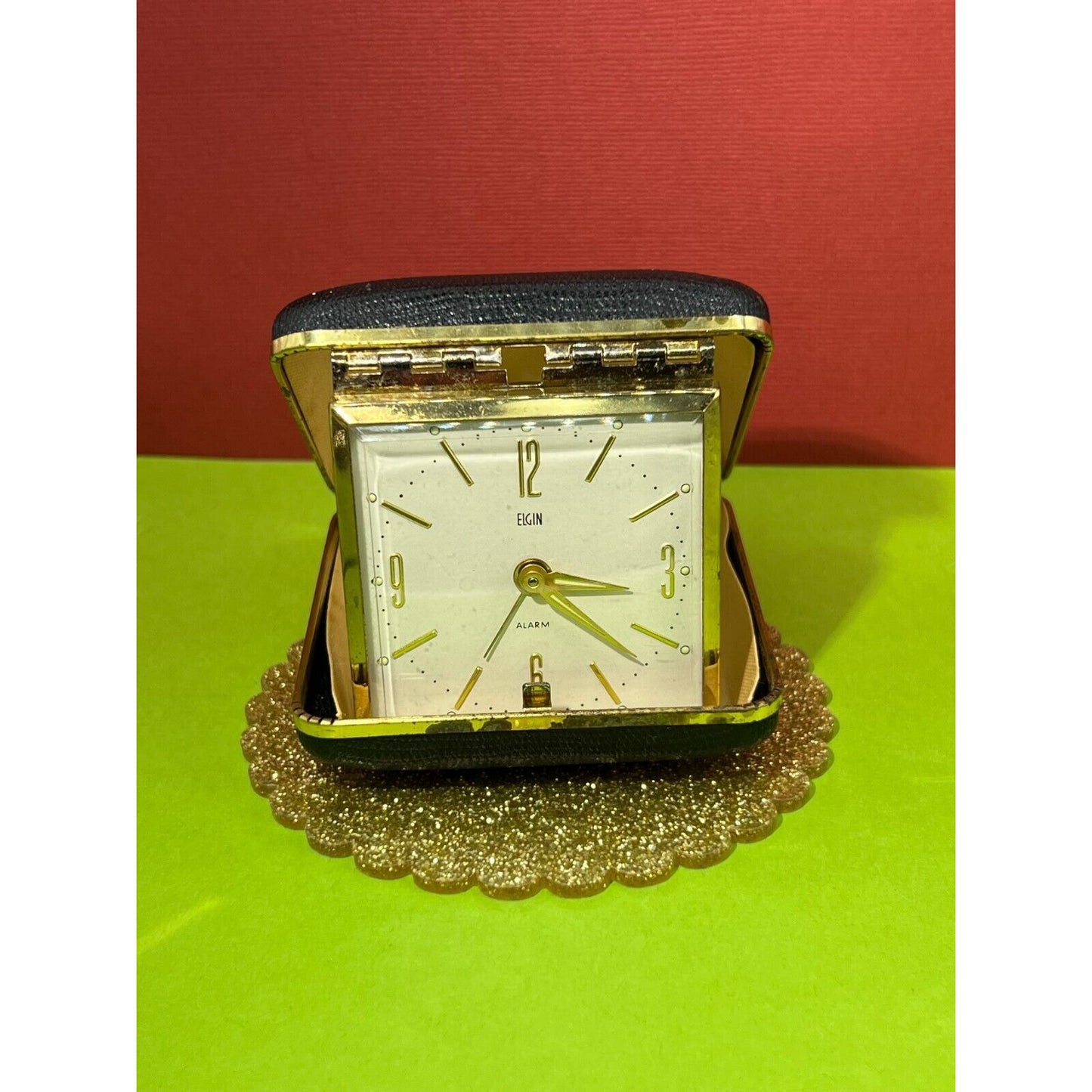 Elgin Travel Foldable Wind-Up Clock Gold Accents Brown Textured Ticking