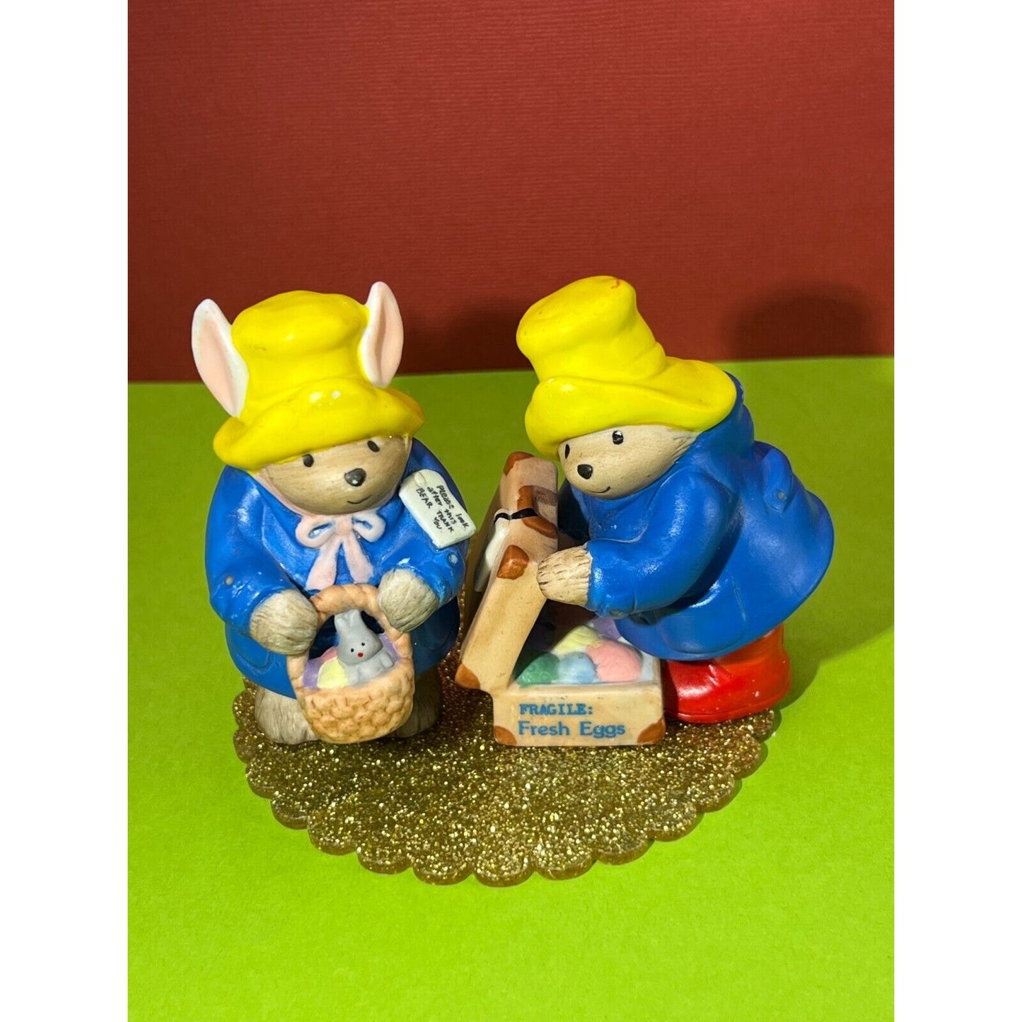 (2) 1991 Enesco Eden Toys Paddington Bear Happy Spring Easter Eggs Figurine Rare