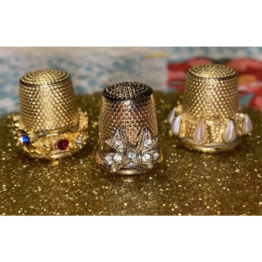 5 Metal Gold Tone Thimbles Mix Sizes Rhinestone Pearl France Limoges