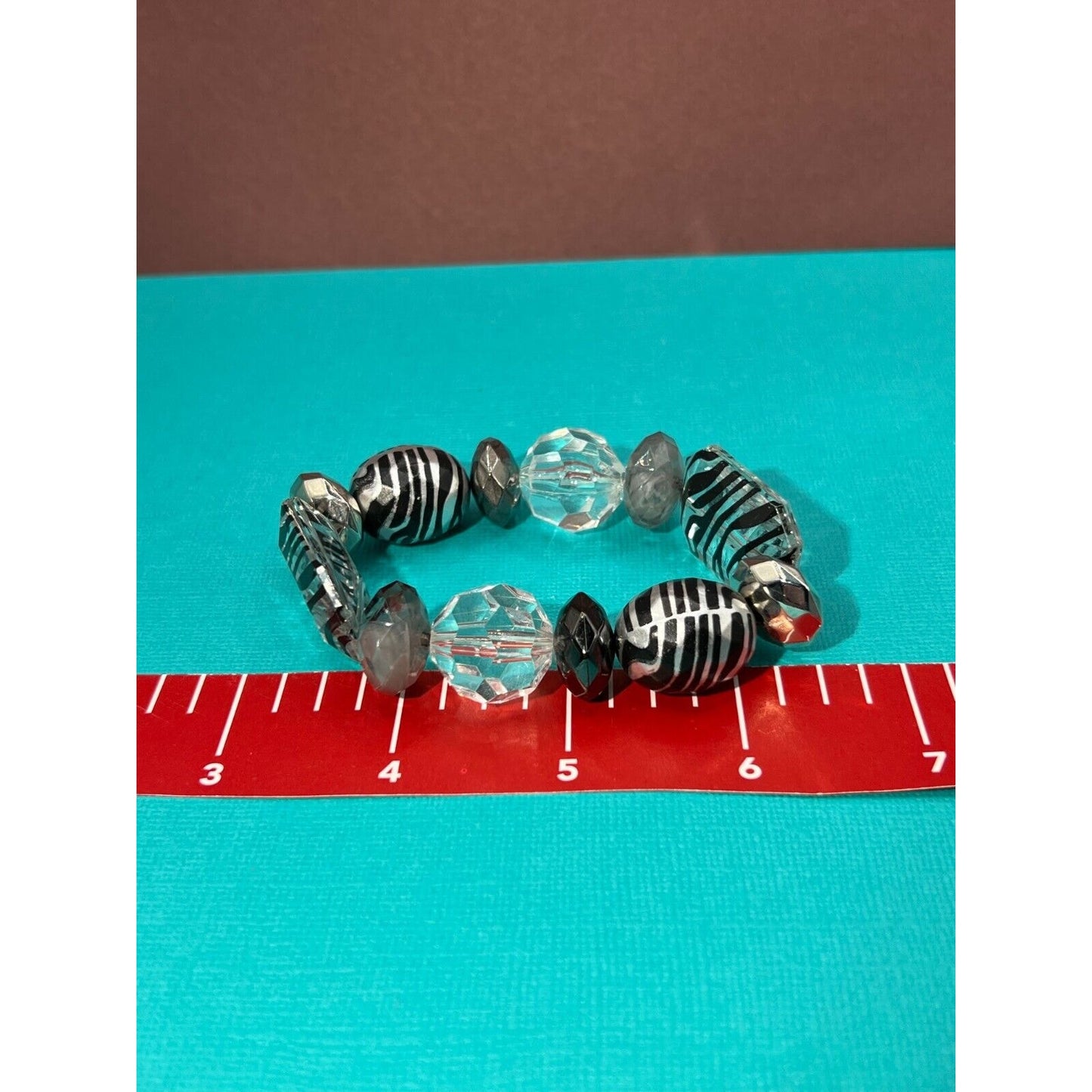 Beaded Stretch Bracelet Clear, Silver, & Black Zebra Striped Beads