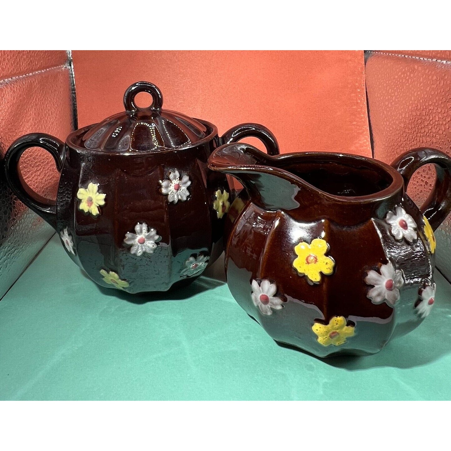 Sugar Bowl and Creamer Brown Enamel Flowers Occupied Japan Vintage