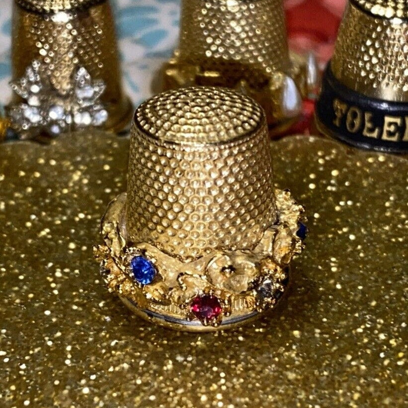 5 Metal Gold Tone Thimbles Mix Sizes Rhinestone Pearl France Limoges