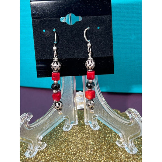 Black, Red, & Silver Dangle Earrings Set Estate Sale Jewelry