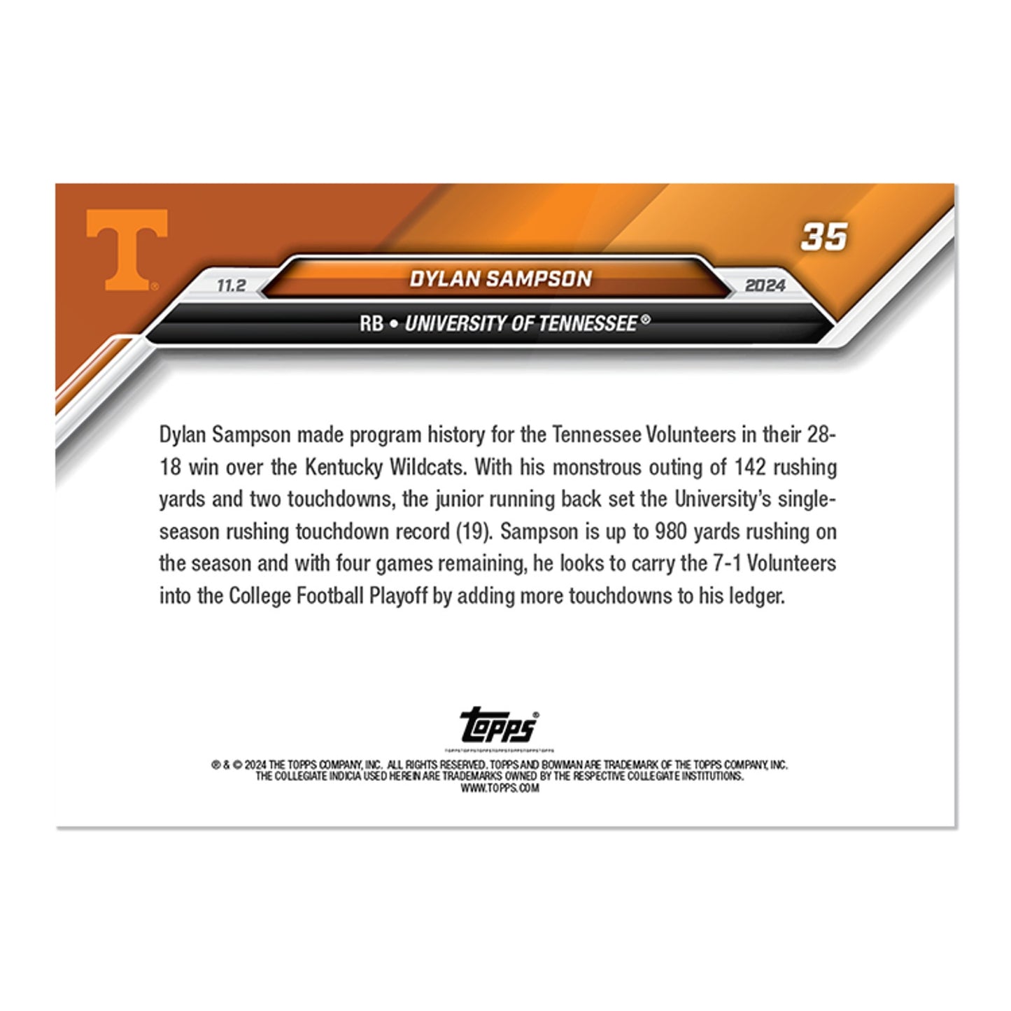 2024-25 BOWMAN U NOW CARD TENNESSEE VOLUNTEERS DYLAN SAMPSON #35 19 TDs Presell