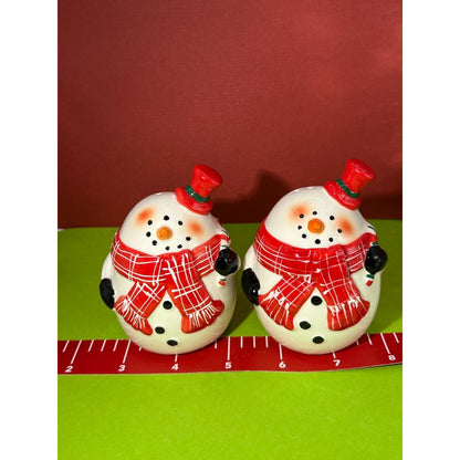 Snowman Salt and Pepper Shakers Red Scarves And Top Hats Round Ceramic