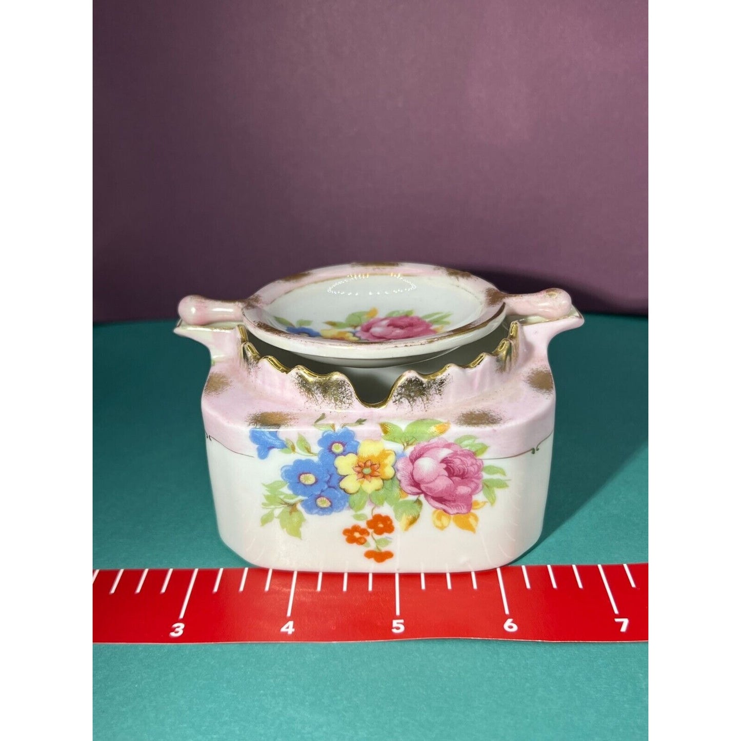 Andrea Ashtray Hand Painted Occupied Japan Vintage Porcelain Rotating Lid