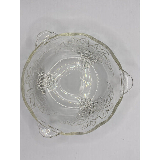 Clear Pressed Glass Bowl with Grape Motif and Scalloped Edges Vintage