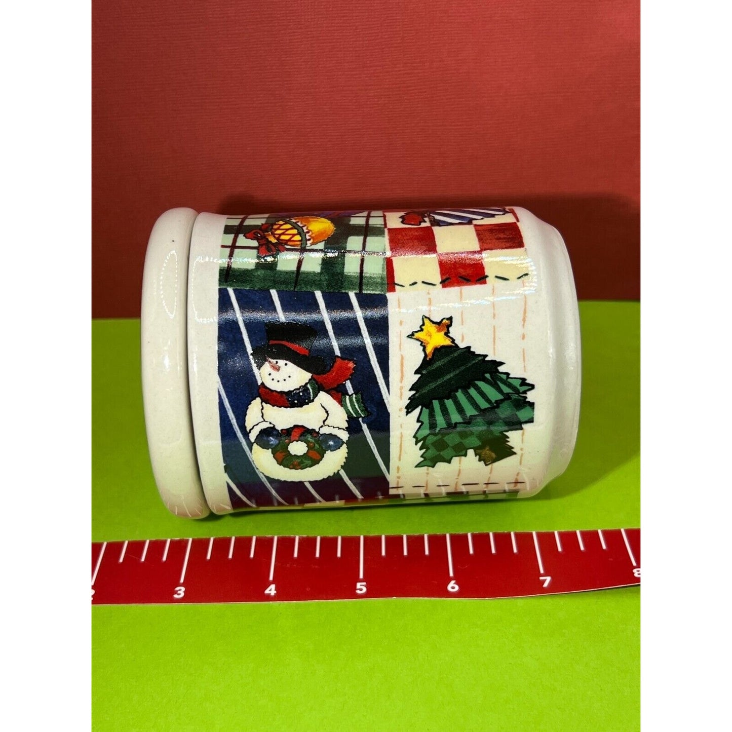 VTG Merry Brite Santa Snowman Christmas Porcelain Lidded Canister Jar