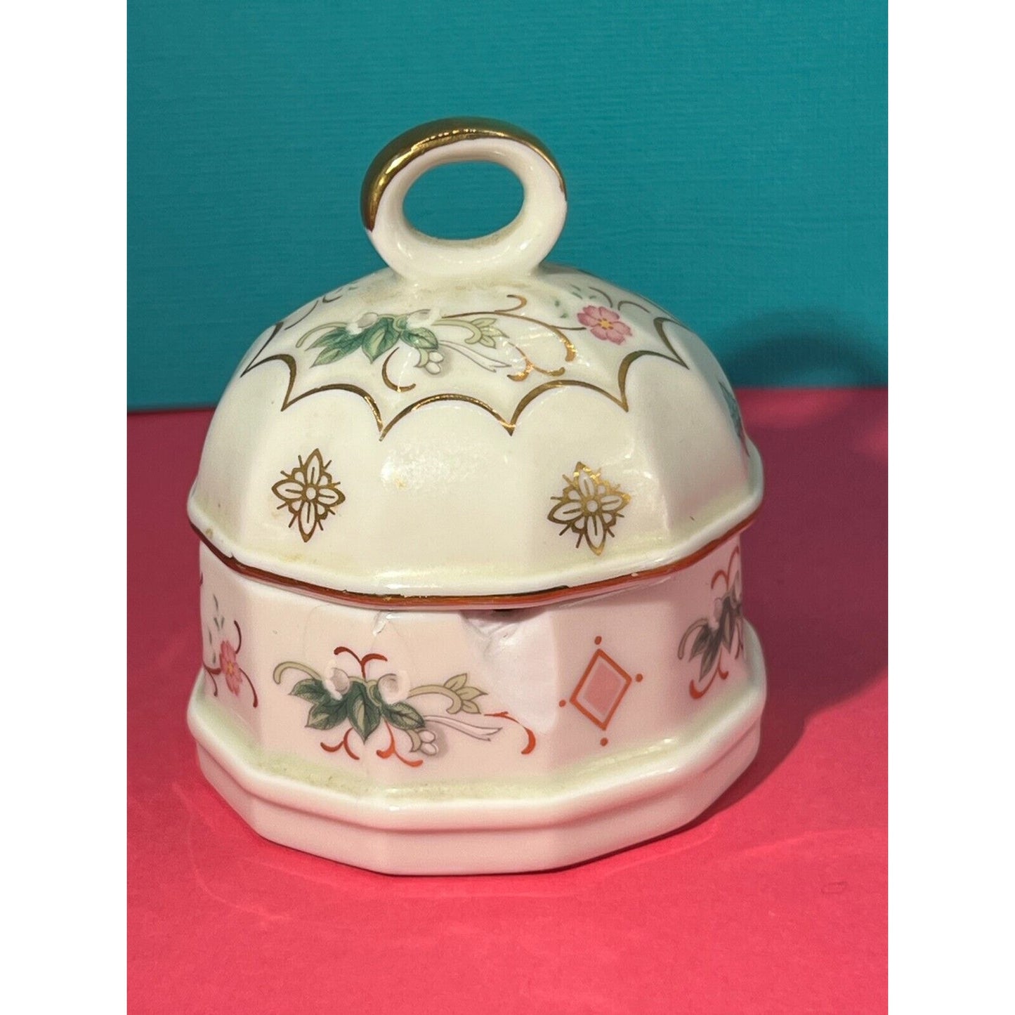 Trinket Box White Porcelain Pink & Green Gold Accents 3in chipped