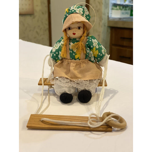 Pioneer Child Doll on Swing Porcelain Face Stuffed Body Child Vintage Doll