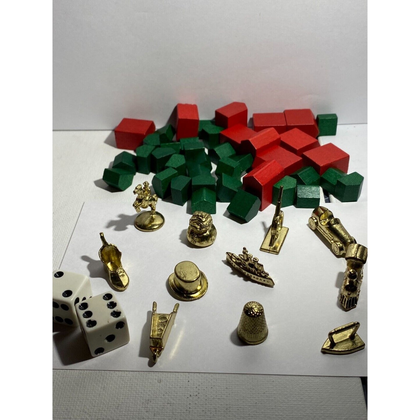 Vintage Monopoly Metal Tokens and Red and Green Wooden Houses Two Dice