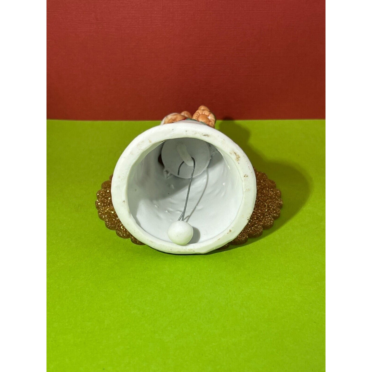 Hand Painted Bisque Porcelain Santa Hand Bell Bear Cub Handle Hand